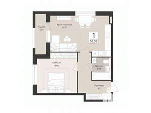 1-к квартира, строящийся дом, 52м2, 5/14 этаж