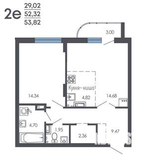 2-к квартира, строящийся дом, 54м2, 3/9 этаж
