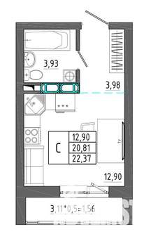 Студия квартира, строящийся дом, 22м2, 15/17 этаж