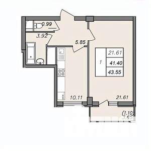 1-к квартира, строящийся дом, 44м2, 11/13 этаж