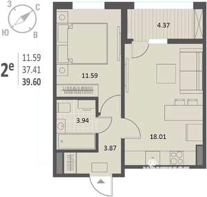 1-к квартира, вторичка, 40м2, 12/18 этаж