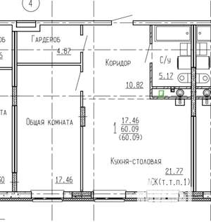 1-к квартира, вторичка, 60м2, 1/4 этаж