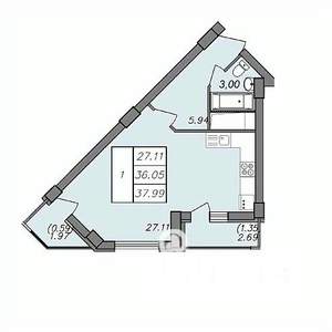 1-к квартира, строящийся дом, 38м2, 8/13 этаж