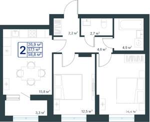 2-к квартира, строящийся дом, 59м2, 2/25 этаж