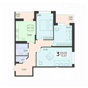 3-к квартира, сданный дом, 68м2, 7/23 этаж