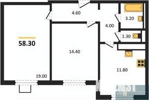 2-к квартира, вторичка, 58м2, 3/19 этаж