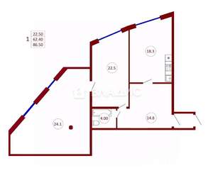 1-к квартира, вторичка, 62м2, 8/12 этаж