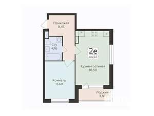 2-к квартира, строящийся дом, 44м2, 9/18 этаж