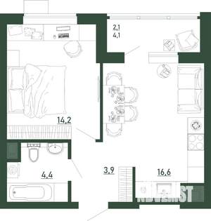 1-к квартира, строящийся дом, 41м2, 9/13 этаж