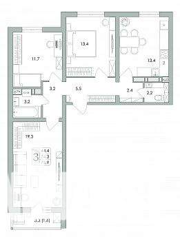 3-к квартира, строящийся дом, 76м2, 15/17 этаж