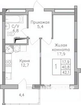 1-к квартира, строящийся дом, 42м2, 22/25 этаж