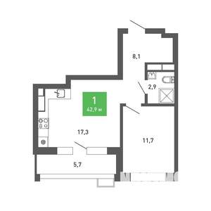 1-к квартира, строящийся дом, 43м2, 3/15 этаж