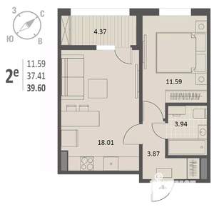 1-к квартира, строящийся дом, 40м2, 12/18 этаж