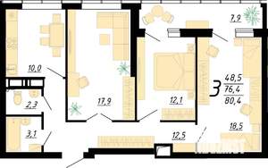 3-к квартира, строящийся дом, 80м2, 10/25 этаж