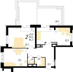 2-к квартира, строящийся дом, 94м2, 20/25 этаж