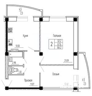 2-к квартира, строящийся дом, 66м2, 12/16 этаж