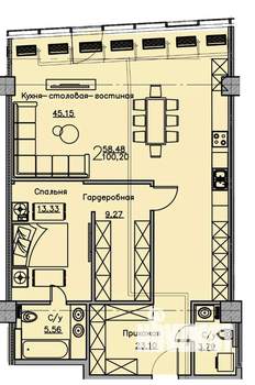 1-к квартира, строящийся дом, 100м2, 9/17 этаж