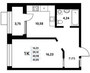 1-к квартира, строящийся дом, 41м2, 18/21 этаж