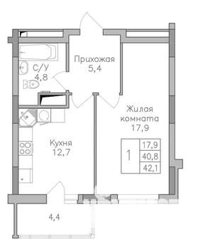 1-к квартира, строящийся дом, 42м2, 23/25 этаж