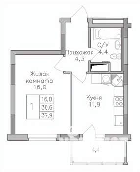 1-к квартира, строящийся дом, 39м2, 1/25 этаж