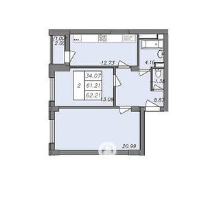2-к квартира, строящийся дом, 62м2, 6/13 этаж