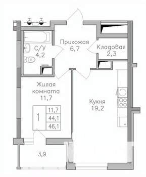 1-к квартира, строящийся дом, 46м2, 4/25 этаж