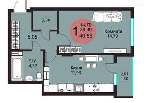 1-к квартира, вторичка, 41м2, 4/19 этаж