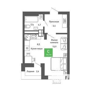 Студия квартира, строящийся дом, 34м2, 4/14 этаж
