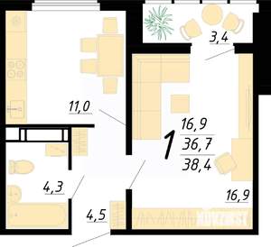 1-к квартира, строящийся дом, 38м2, 20/20 этаж