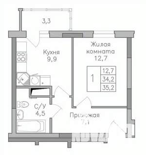 1-к квартира, строящийся дом, 35м2, 3/25 этаж