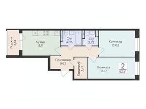 2-к квартира, строящийся дом, 63м2, 6/12 этаж