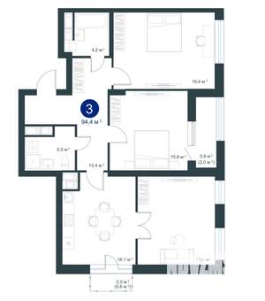 3-к квартира, строящийся дом, 94м2, 20/25 этаж