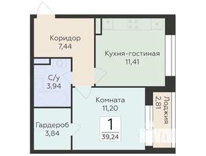 1-к квартира, строящийся дом, 39м2, 5/25 этаж
