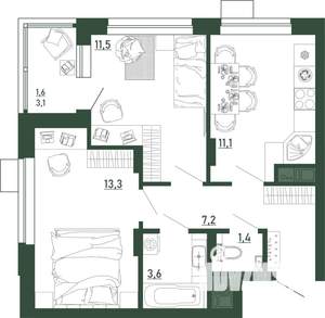 2-к квартира, вторичка, 50м2, 7/13 этаж