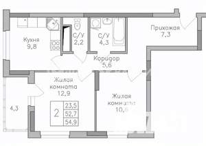 2-к квартира, строящийся дом, 55м2, 19/25 этаж