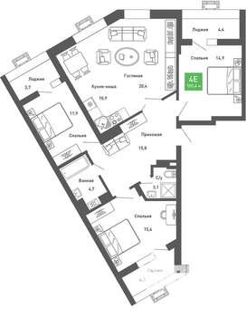 4-к квартира, строящийся дом, 103м2, 11/14 этаж