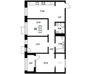 3-к квартира, строящийся дом, 86м2, 17/21 этаж