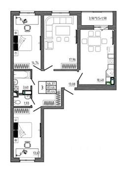 3-к квартира, строящийся дом, 85м2, 6/17 этаж