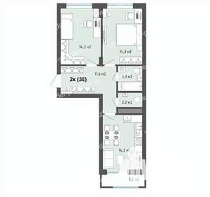 2-к квартира, строящийся дом, 62м2, 2/13 этаж