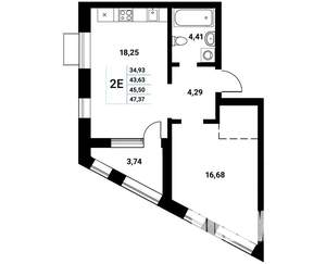 2-к квартира, строящийся дом, 47м2, 4/21 этаж