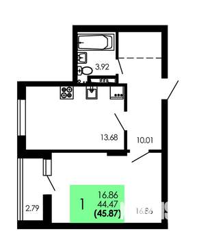 1-к квартира, вторичка, 46м2, 3/9 этаж