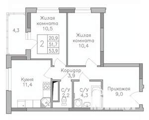 2-к квартира, строящийся дом, 54м2, 7/25 этаж