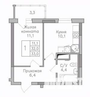 1-к квартира, строящийся дом, 33м2, 23/25 этаж