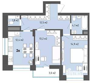 2-к квартира, строящийся дом, 60м2, 7/13 этаж