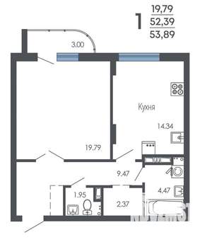 1-к квартира, строящийся дом, 54м2, 3/9 этаж