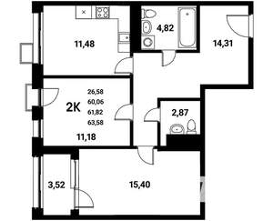 2-к квартира, строящийся дом, 64м2, 16/21 этаж