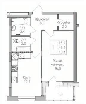 1-к квартира, строящийся дом, 47м2, 10/10 этаж