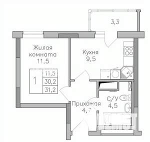 1-к квартира, строящийся дом, 31м2, 9/25 этаж