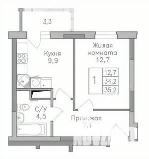 1-к квартира, строящийся дом, 35м2, 21/25 этаж