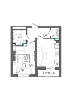 1-к квартира, строящийся дом, 42м2, 3/17 этаж